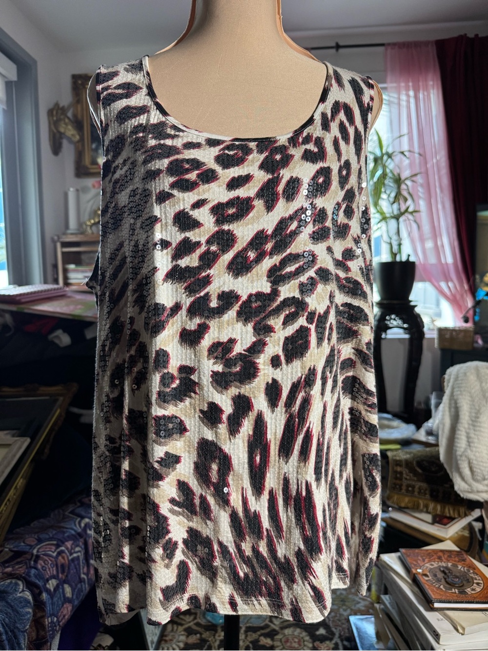 Chico’s Size 3 Leopard Animal Print Sequin Tank Top Sleeveless XL